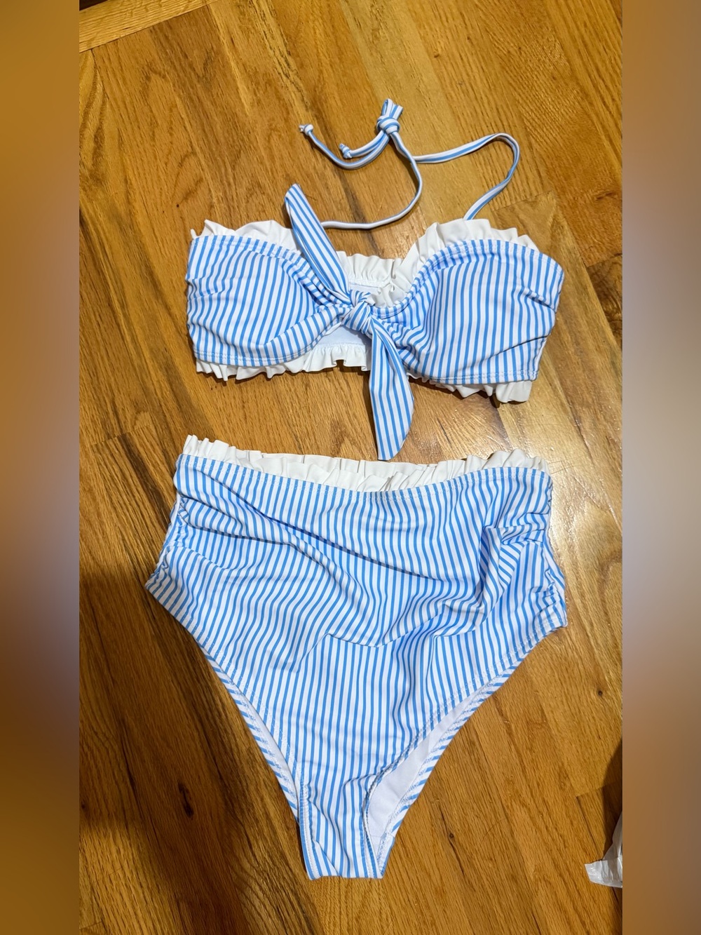 Blue & White Striped High-Waist Bikini Set - Women